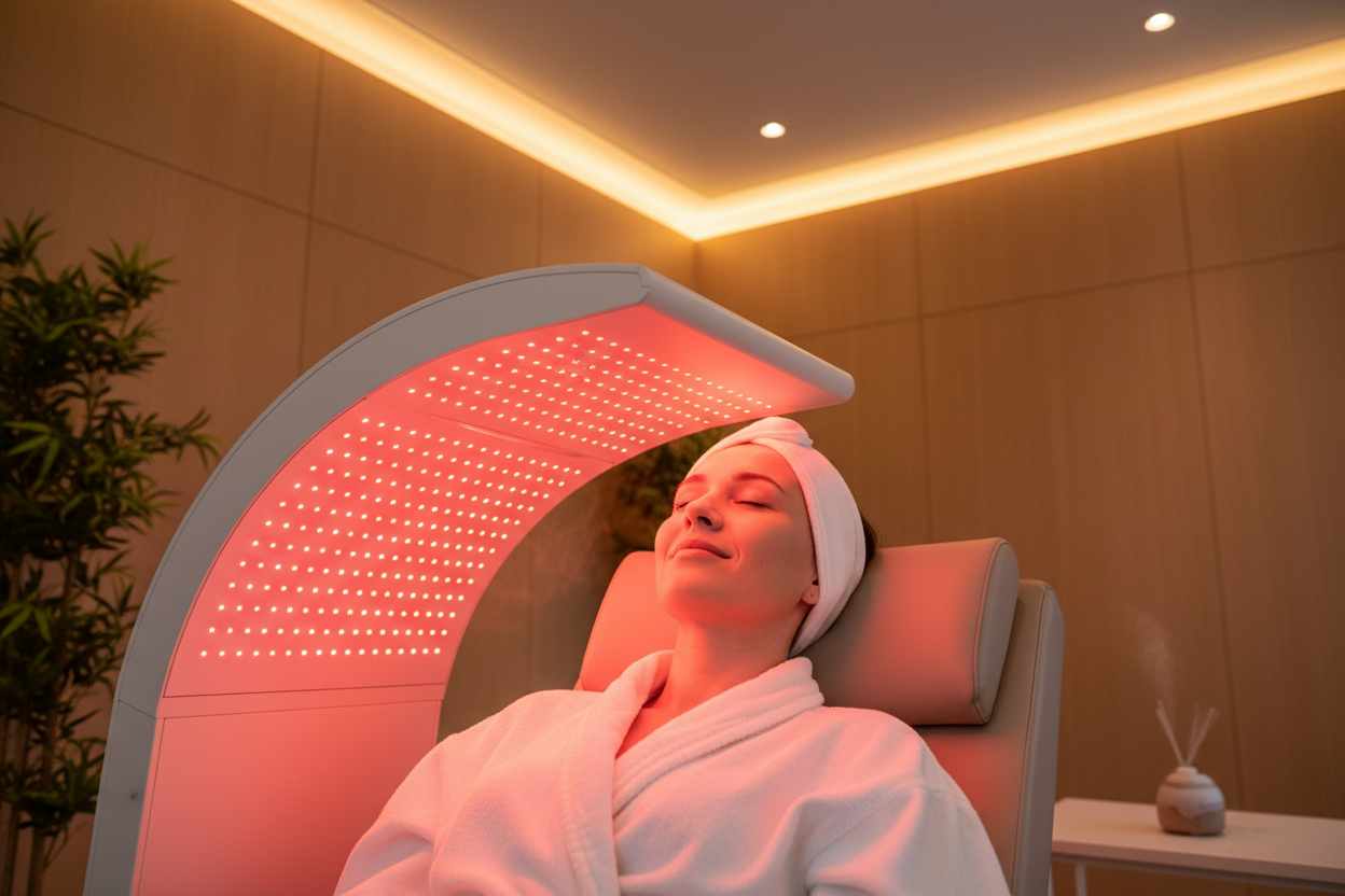 A lady using red light therapy