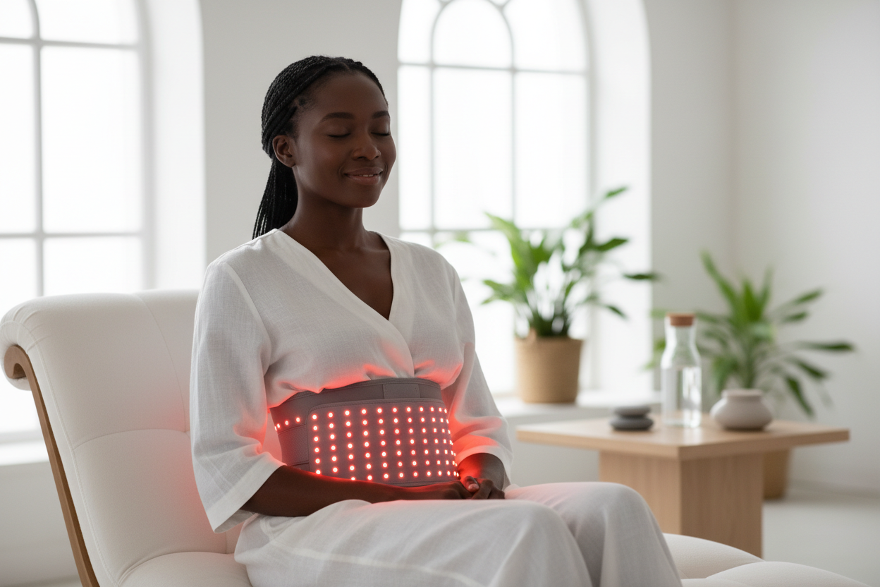 beautiful black girl using red light therapy belt 