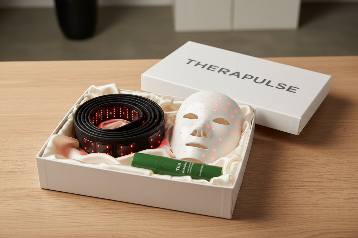 Generate a picture of a box with a black red light therapy belt inside a white, red light therapy mask and a green tea face mask stick. and have it say 'THERAPULSE