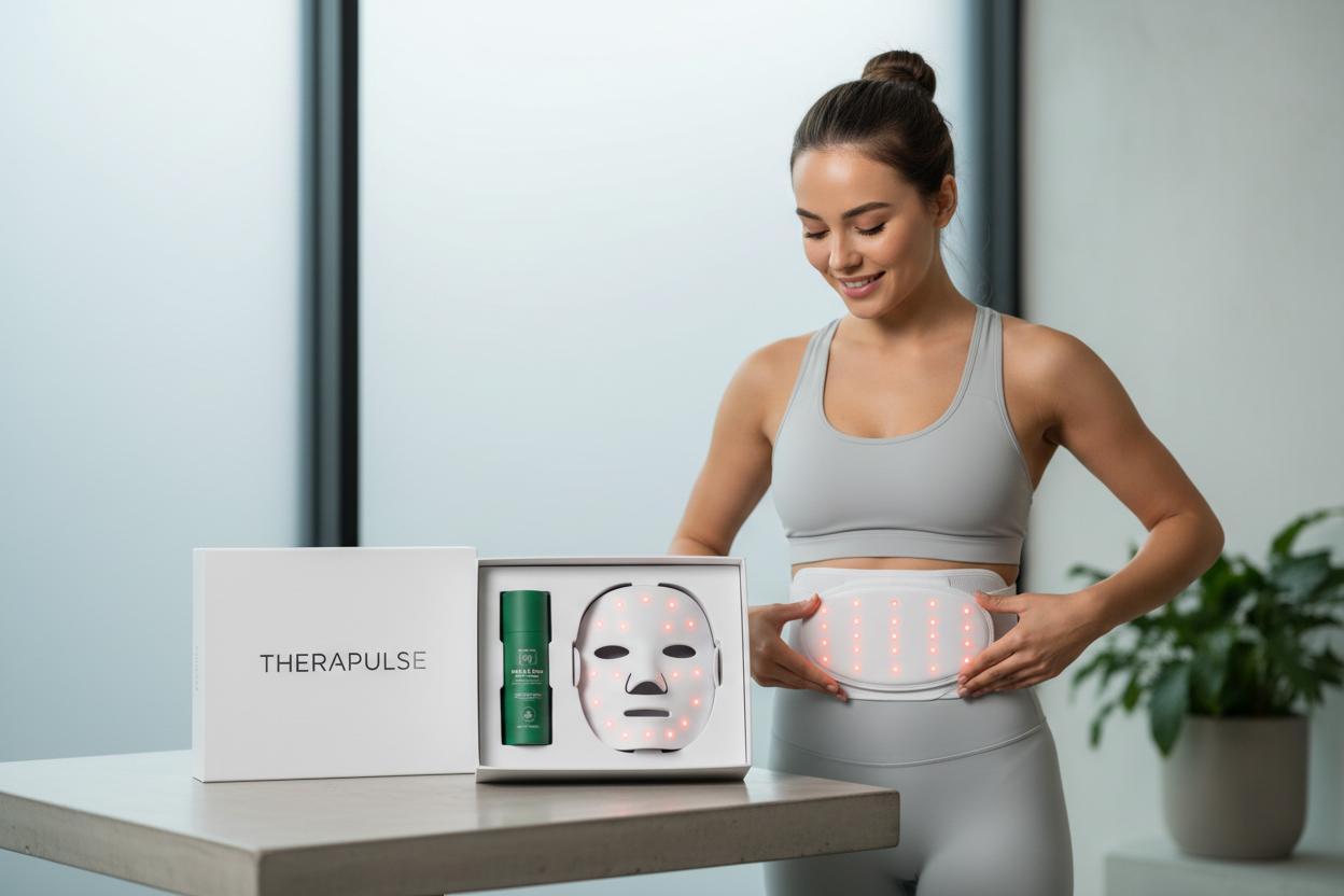 Generate the same picture but have green tea face stick mask and the white red light therapy mask inside a box and have it say "THERAPULSE"  ON IT with the girl trying red light therapy belt 