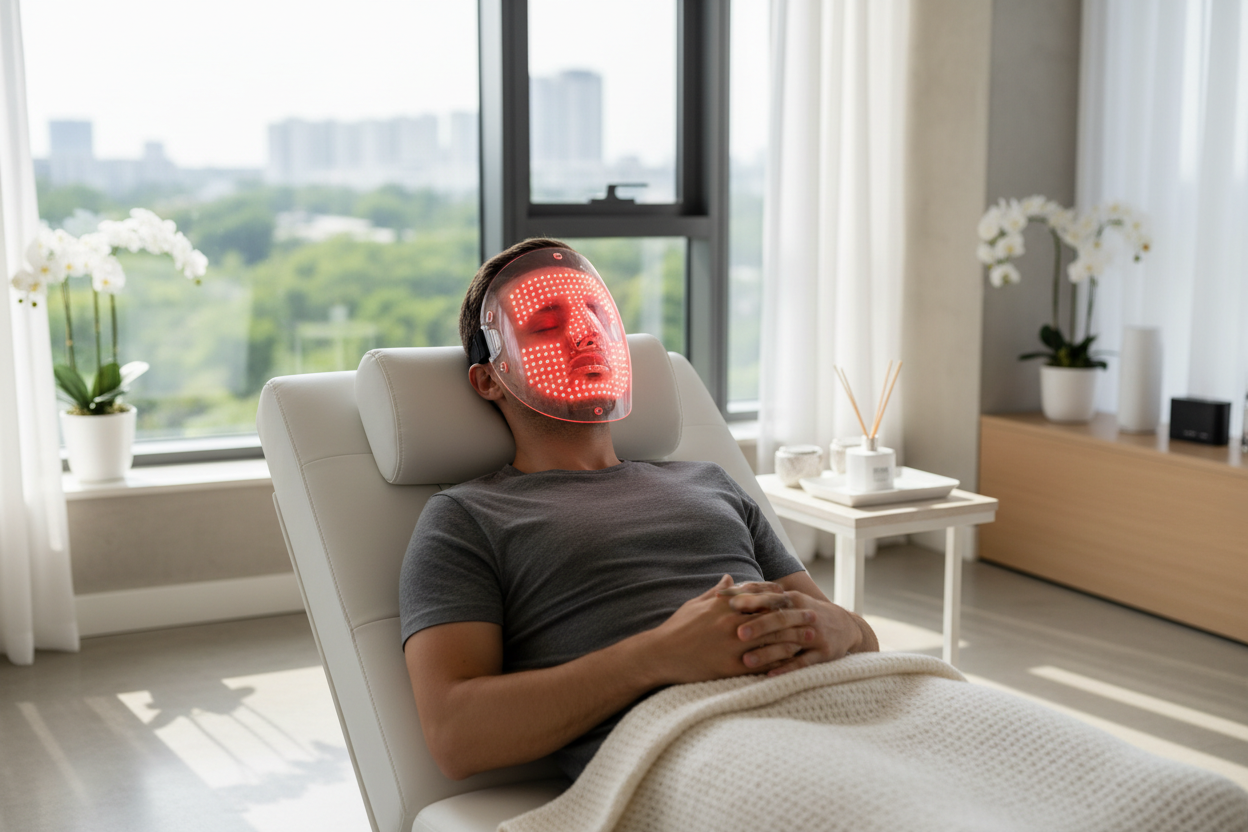men using red light therapy mask